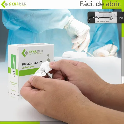 Vista 4 de Cynamed Caja de 100 cuchillas estériles de bisturí de acero al carbono envueltas individualmente en papel de aluminio