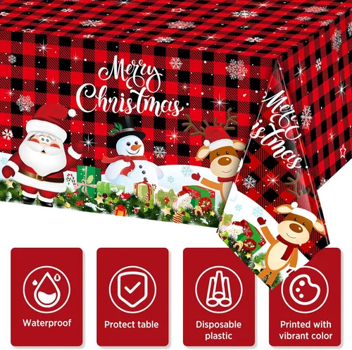 Vista 4 de Tiamon Paquete de 3 manteles de plástico para mesa de Navidad de 54 x 108 pulgadas para mesa rectangular, mantel desechable con diseño de muñeco
