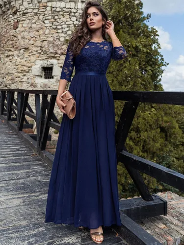 Vista 3 de Miusol Vestido largo formal de dama de honor con encaje floral y manga 34 para mujer