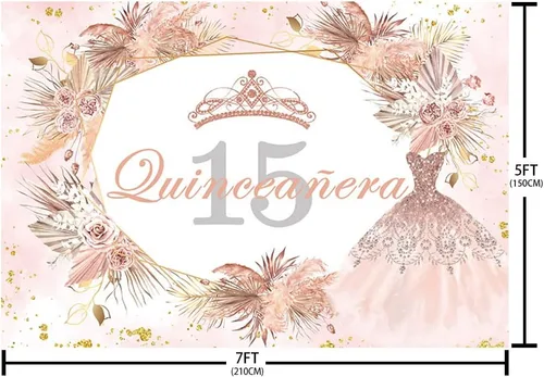Vista 5 de Sendy Telón de fondo de quinceañera de 15 cumpleaños de 7 x 5 pies para niña dulce, bohemio, rosa dorado con purpurina Mis Quince Anos, decoración