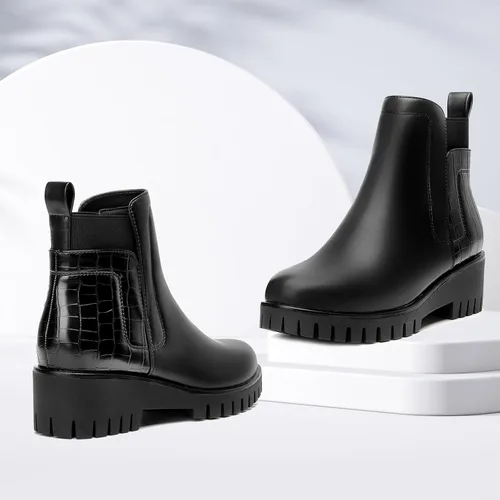 Vista 7 de CentroPoint Botas de tobillo Chelsea con plataforma de moda para mujer, suela de lengüeta, botas de combate, punta redonda, zapatos de invierno