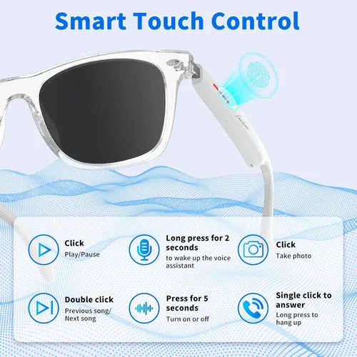 Vista 5 de Emerhome Gafas de sol inteligentes Bluetooth - Gafas de audio para hombres y mujeres, control táctil, protección UV para exteriores y control