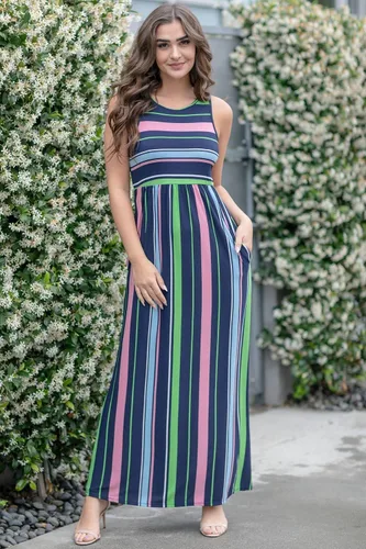 Vista 2 de Eloges - Vestido largo sin mangas con múltiples rayas para mujer S-3X Plus