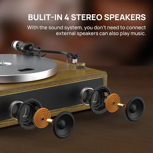 Vista 2 de Tocadiscos con altavoces incorporados, reproductor de discos de vinilo con soporte para reproducción Bluetooth, parada automática, velocidad de 33