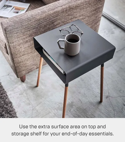 Vista 2 de YAMAZAKI Home Mesa auxiliar lisa con estante de almacenamiento abierto, acento rectangular que ahorra espacio, sala de estar, dormitorio, sofá, mesa