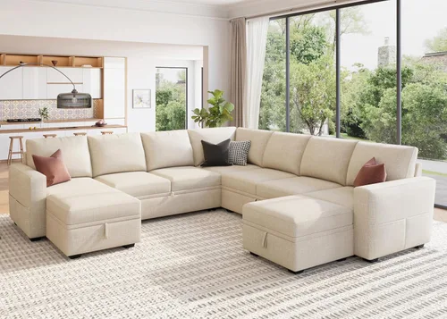 Vista 6 de HONBAY Sofá seccional modular con cama extraíble, sofá cama con forma de U extraíble con secciones de almacenamiento para sala de estar - Beige