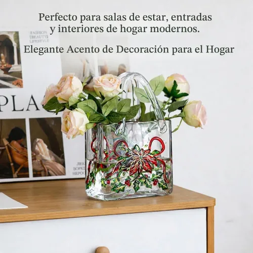 Vista 5 de Jarrón con textura floral pintado a mano, jarrón de cristal en forma de bolso de 9.1 pulgadas con patrones 3D, centro de mesa botánico engrosado