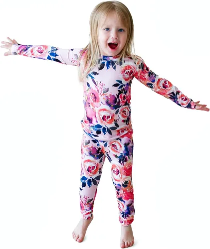 Vista 84 de Posh Peanut Pijamas para niñas, suaves, de viscosa de bambú para niños, pijamas a juego de manga larga para niñas
