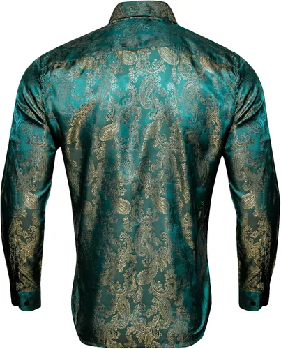 Vista 5 de Barry.Wang Camisas casuales para hombre, camisa de vestir de manga larga con estampado de cachemira de seda para fiesta de negocios, tejido