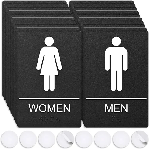 Vista 12 de Letreros de baño, letrero de baño para negocios, para hombres y mujeres, 9 x 6 pulgadas, cumple con la ADA con Braille, adhesivos fuertes de doble