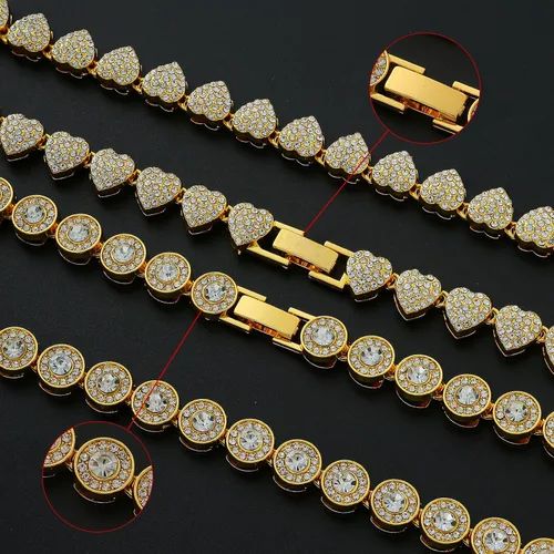 Vista 3 de Cadena de tenis de diamantes agrupados de doble capa, collar de cadena cubana de Miami para mujer, collar de cadena de corazón helado, regalo