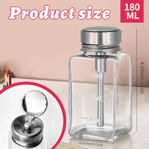 Vista 2 de 2 piezas de botella dispensadora de bombeo transparente de 6 oz / 180 ml con tapa de metal abatible, botella dispensadora de removedor de esmalte