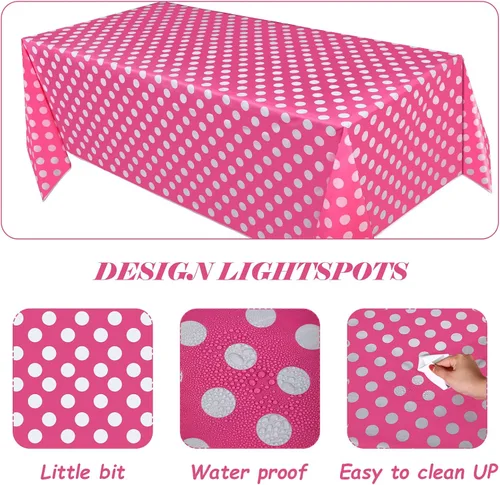Vista 3 de Tegeme Mantel rectangular de plástico con diseño de lunares, color rosa y blanco, 3 piezas, 54 x 108 pulgadas, para decoración de cumpleaños