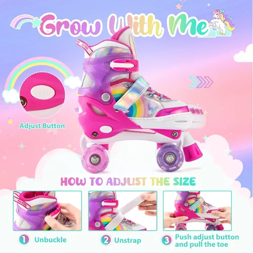 Vista 3 de SULIFEEL Patines de unicornio arcoíris para niños con equipo de protección ajustable, rosa, talla S, M
