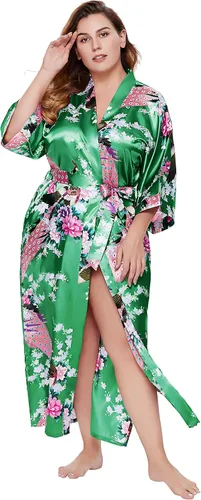 Vista 4 de BABEYOND Bata tipo kimono para mujer, bata larga de satén con estampado de pavo real y flores Verde
