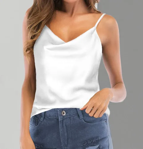 Vista 7 de Camisola de Satén de Seda para Mujer con Cuello Drapeado, Blusa Sin Mangas Tipo Camiseta Básica Sedosa