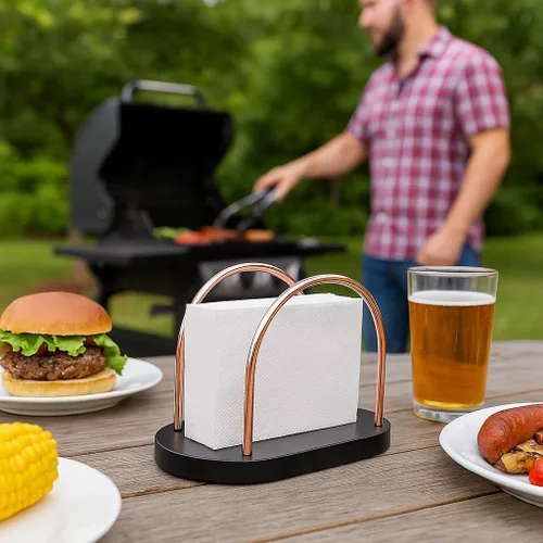 Vista 3 de Servilletero de madera de castaño y cobre – Elegante dispensador de mesa para comedor y uso al aire libre, elegante y práctico almacenamiento