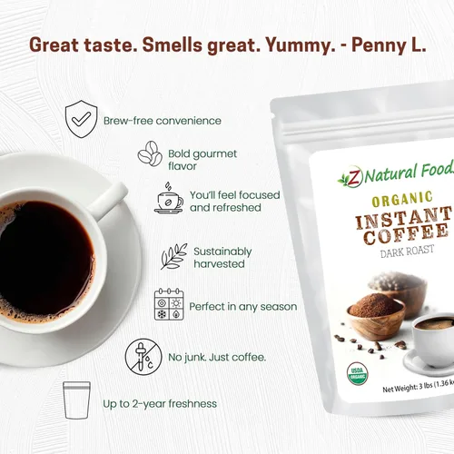 Vista 4 de Z Natural Foods Café instantáneo orgánico en polvo, rico sabor tostado oscuro, polvo de espresso instantáneo arábica con antioxidantes para aumentar