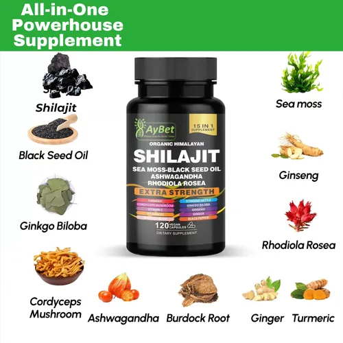 Vista 2 de Shilajit - Cápsulas orgánicas de Shilajit del Himalaya para hombres y mujeres, con musgo marino, aceite de semilla negra, Ashwagandha, Rhodiola