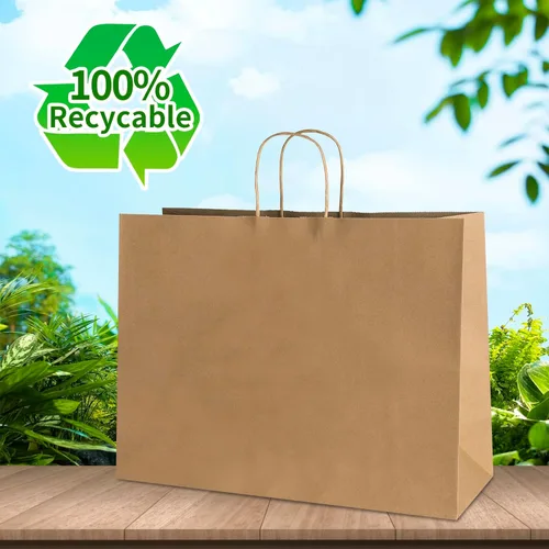 Vista 4 de bagmad Paquete de 50 bolsas grandes de papel kraft de 16 x 6 x 12 pulgadas, color marrón natural liso con asas, a granel para compras, bodas