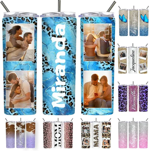 Vista 34 de Vaso delgado personalizado con purpurina con tapas y popotes, nombres, vasos de acero inoxidable personalizados con imagen para mujeres, hombres