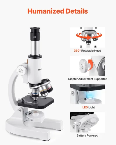 Vista 5 de VEVOR Microscopio para niños adultos, 40X-2000X Microscopio compuesto profesional adaptador de teléfono móvil con luz LED, para laboratorio