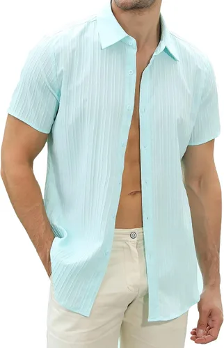 Vista 2 de TURETRENDY Camisas de lino para hombre de manga corta con botones para playa