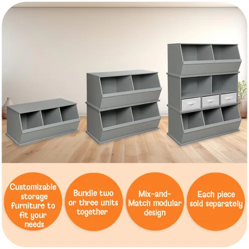 Vista 3 de Badger Basket Organizador apilable de almacenamiento de juguetes de tres cubos - gris