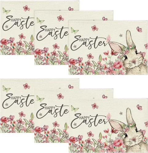 Vista 8 de Artoid Mode Juego de 4 manteles individuales de Pascua con diseño de conejo, diseño floral, 12 x 18 pulgadas, para decoración de fiestas, cocina