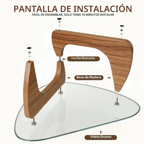 Vista 2 de Mesa de centro para sala de estar, mesa de centro pequeña con parte superior de vidrio templado triangular y patas de madera, mesas de centro