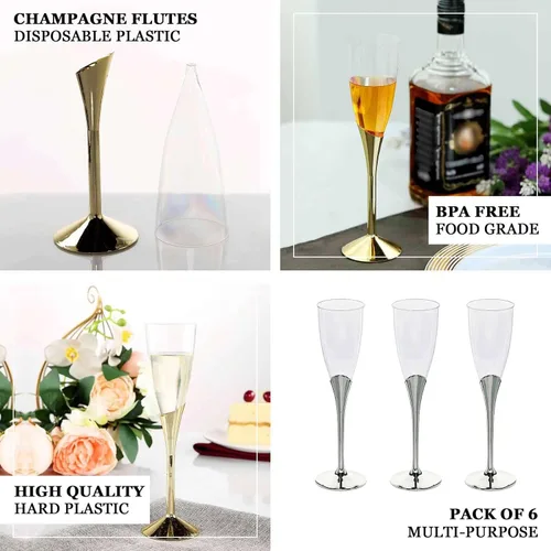 Vista 4 de Efavormart - Juego de 6 copas de champán de plástico plateado de 5 onzas con base desmontable, elegantes vasos desechables para recepciones