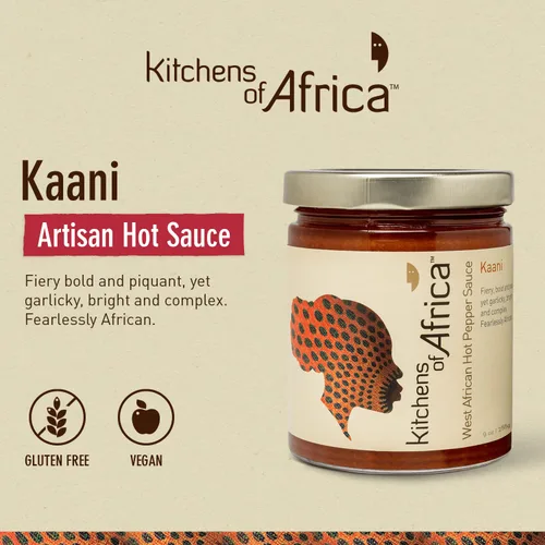 Vista 3 de Kitchens of Africa Kaani - Salsa picante artesanal de África Occidental con pimienta habanero, jengibre fresco y ajo. Ardiente, audaz y picante