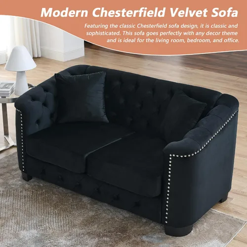 Vista 6 de mikibama Sofá Moderno Chesterfield de Terciopelo de Dos Plazas, Sofá Seccional de 59 Pulgadas, Sofá de Lujo Tapizado Capitoné de 2 Plazas con Brazos