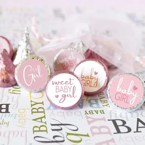 Vista 8 de Calcomanías rosadas de besos para baby shower con texto en inglés "It's a Girl", 180 unidades, 9 diseños 0.75" Round, Fits Chocolate Drops, Candy