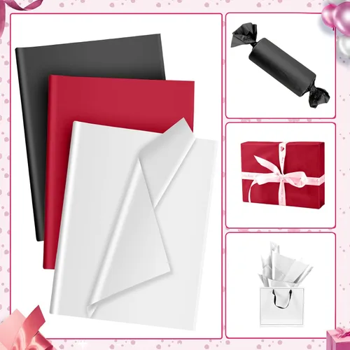 Vista 5 de 30 hojas de papel de seda negro, blanco y rojo para bolsas de regalo, papel de seda a granel para decoración de bodas, cumpleaños, proyectos