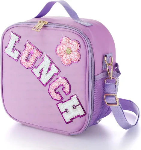 Vista 9 de Bolsa de almuerzo aislada para niños con correa ajustable para niñas, color beige Easy to Clean, Reusable Large Lunch Bag, Holds Lunch Box Snack