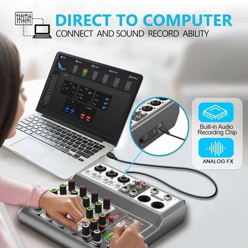 Vista 3 de Aveek Mezclador de Audio Profesional, Consola de Mezcla de Placa de Sonido con 5 Canales Digital USB Bluetooth, Efecto de Eco y Retraso, Entrada