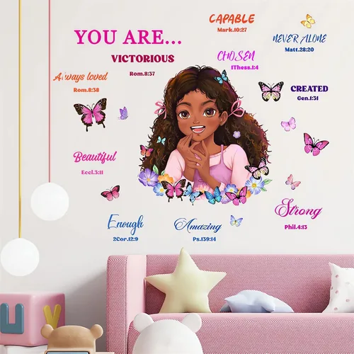 Vista 3 de Calcomanía de pared inspiradora de niña negra, sacinora con frases motivacionales, vinilo extraíble para mujeres afro, niños, guardería, dormitorio
