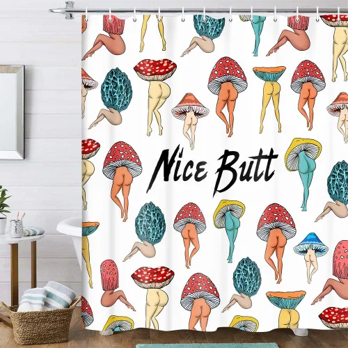 Vista 6 de Divertida cortina de ducha con trasero de hongo, divertida y sexy, de los años 70 y 80, cortinas de ducha de tela para baño, hippie, psicodélico