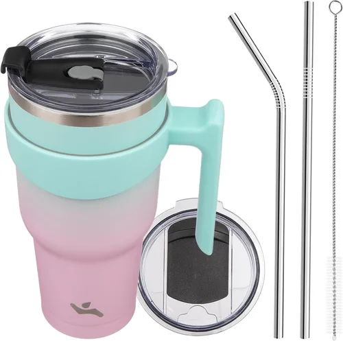 Vista 29 de Konokyo - Vaso de 10 onzas con asa y 2 popotes, 2 tapas, botella de agua aislada de acero inoxidable, taza de viaje reutilizable, color verde militar