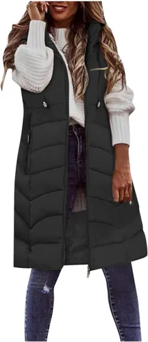 Vista 2 de OSFVNOXV Chaqueta larga acolchada para mujer, abrigo de invierno con cremallera completa, sin mangas, con capucha, cálidos, cortavientos gruesos