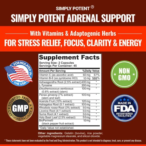 Vista 2 de Simply Potent Soporte suprarrenal y administrador de cortisol - 90 cápsulas, suplemento de salud suprarrenal con Ashwagandha, raíz de regaliz