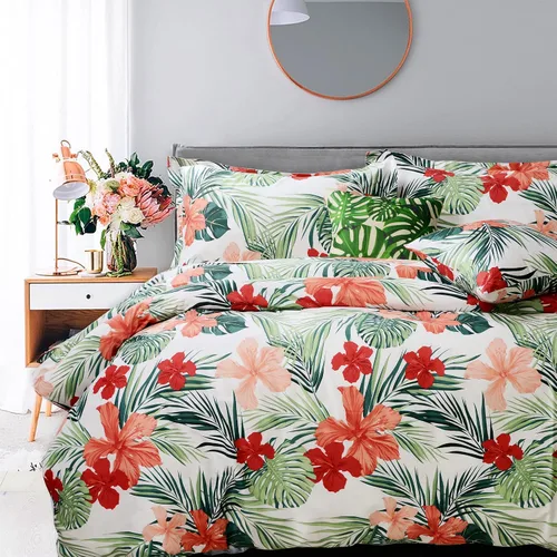 Vista 9 de FADFAY Juego de funda de edredón floral 100% algodón a rayas verdes y beige, ropa de cama de flores desgastadas con diseño de ramas botánicas
