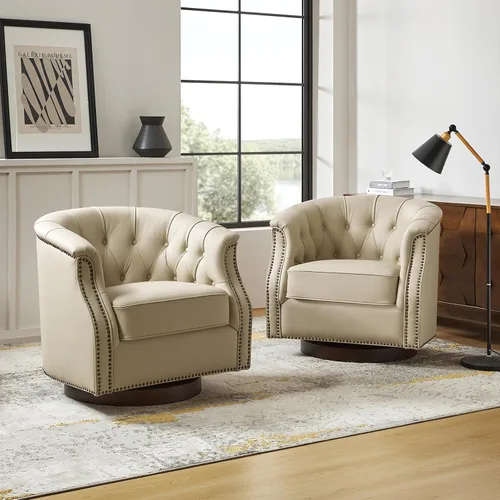Vista 11 de HULALA HOME Silla mecedora giratoria de cuero auténtico, totalmente montada Beige