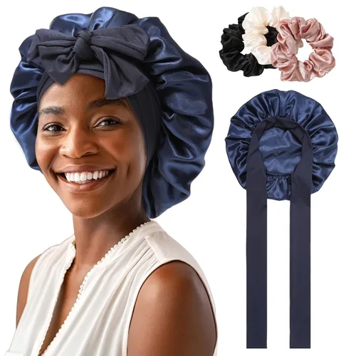 Vista 15 de Gorro de satén para mujer, con banda de amarre para el cabello, para dormir, grande de 2 capas, gorro de dormir de seda para dormir con 3 coleteros