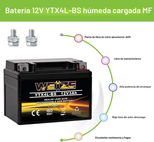 Vista 4 de Weize YTX4L-BS - Batería de motocicleta sellada recargable de alto rendimiento compatible con Polaris Scrambler, Sportsman 90, Honda Scooters NQ50