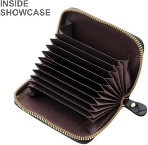 Vista 3 de Tarjetero negro para tarjetas de crédito, cartera pequeña con cremallera de acordeón, estuche organizador de tarjetas para mujeres y hombres, Negro