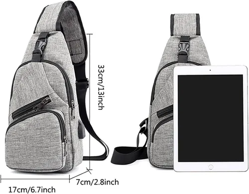Vista 5 de Bolso bandolera para mujeres y hombres, mochila deportiva, bolsas de hombro, bolsa de viaje, senderismo, bolsa de pecho de moda con USB, C-gris