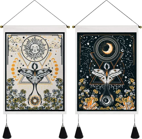 Vista 9 de Paquete de 2 tapices de sol y luna, tapiz blanco y negro con diseño de vid de flores, para colgar en la pared para habitación (13.8 x 19.7 pulgadas)