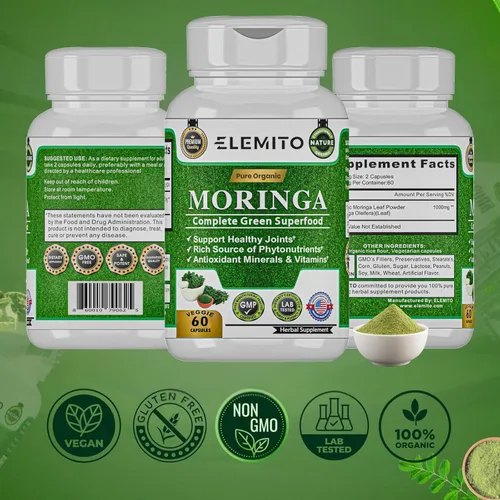 Vista 5 de Cápsulas de moringa, polvo de hoja pura, superalimento verde, energía, metabolismo y apoyo inmunológico, sin OMG, vegano, sin gluten